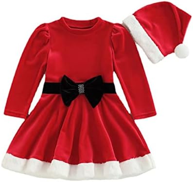 inlzdz Kids Girls Christmas Mrs. Claus Dress Holiday Party Elf Costume Velvet Long Sleeve Clown Collar Pom Pom Trim Dance Dress Red E 6-12 Months