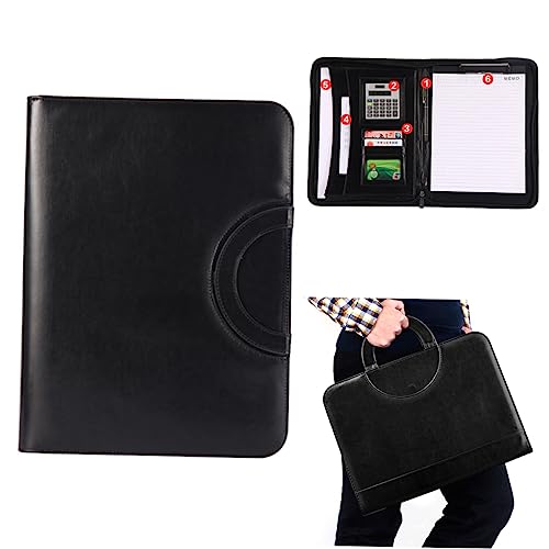 GRIRIW Portable Zipper Bag for Documents A4 Leather Portfolio Office Organizer Pockets and Calculator