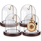 Beeveer 4 Pcs 3' x 4' Watch Ornament Glass Display with Hooks Dome Cloche with Wood Base Decorative Glass Display Dome Showcase for Watch Plants Medals Photos Collectibles Dark MDF Base, Gold Hook
