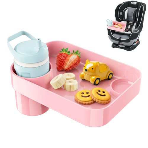 DOKNAAM Car Seat Snack Tray for Toddlers - 3 Inch Cup Holder Fits Most Sippy Cups & Straw Bottles with Dip Well, Mess-Free Square Kids Travel Tray Road Trip Essentials, Pink