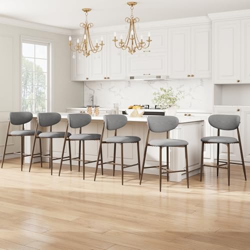 Image of MALOL Bar Stools Set of 6, Counter Height bar stools, Kitchen Bar Stools with Backs, Modern Upholstered, Modern Bar Stools with Metal Legs for Kitchen Island, Counter, Light Grey