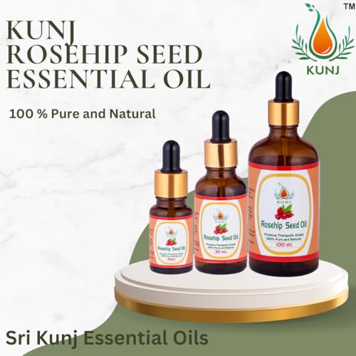 Image of KUNJ Rosehip Seed Oil (Rosa rubiginosa) 30ML - 100% Pure & Natural, Cold Pressed, Undiluted - Therapeutic Grade Oil for Skin Care, Hydration, Anti-Aging & Radiance