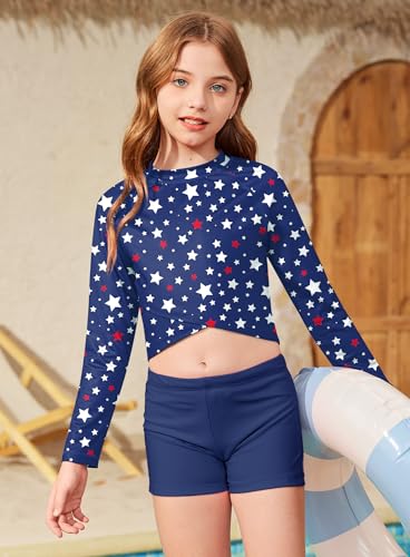 Image of BesserBay Girls Rash Guard UPF 50+ Long Sleeve Mock Neck Crossover Hem Swim Crop Top 4-14 Years