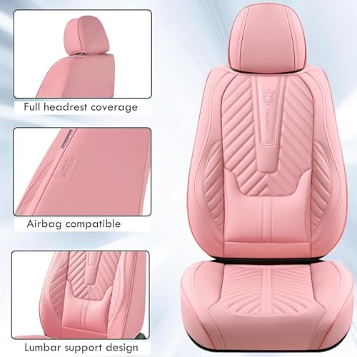 Image of Coverado Seat Covers Front Seats, Car Seat Cover Protector with Lumbar Support, Waterproof Car Seat Cushion, Leather Seat Covers Carseat Cover Universal Fit for Most Cars,Pink