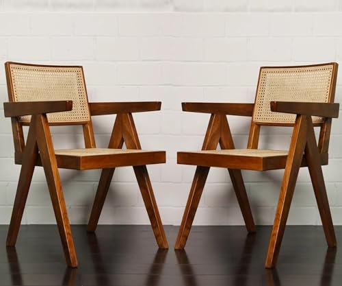 Image of Solid Wooden Armchair | Accent Chair | Rattan Lounge Chair for Livingroom, Bedroom, Hall (Set of 2) | Natural Finish | 50D x 50W x 90H CM