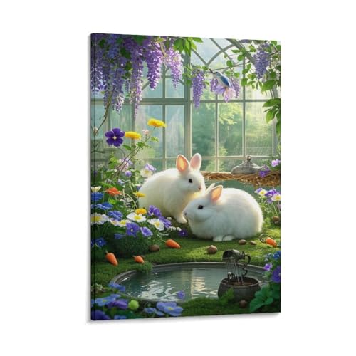 Tableau Lapin d'Angora peinture murale rustique ferme pour salon 30x45cm