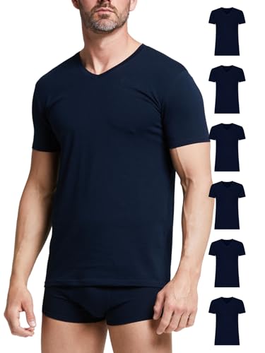 T-shirt uomo blu in cotone: maglia a maniche corte con scollo a V in morbido cotone elasticizzato, ideale per l'uso quotidiano