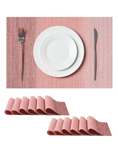 Leetaltree Gradient Pink Woven Placemats Set of 12 - Heat Resistant Non-Slip Place mats for Dining Table, Washable Durable PVC Vinyl Woven Table Mats(Gradient Pink, 12)
