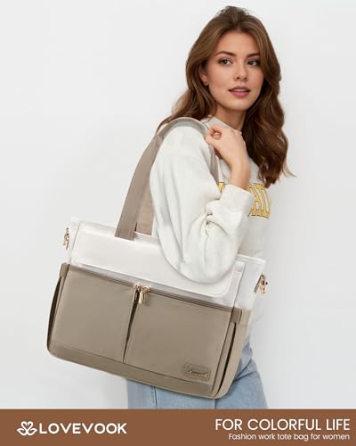 Image of LOVEVOOK Upgrade Version Work Bags for Women 15.6 Inch Laptop Bag Large Capacity Mutiple Pockets Teacher Bag Water Resistant Canvas Tote Bag Purse for Office Travel College Nurse Teacher, Khaki Beige