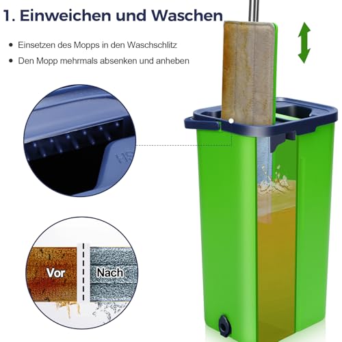 MASTERTOP 2in1 Wischmopp Set mit Eimer & Auswringfunktion | Flachkopf-Bodenwischer mit 5X Mikrofaser-Pads | Edelstahl-Langgriff für Fliesen, Laminat, Parkett, Hartböden | Grünes Premium-Reinigungsset – Bild 4