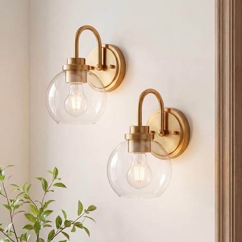 Image of Brushed Gold Wall Sconces Set of 2 with Globe Clear Glass Shade | Modern design, hardwired, E26 socket, suited for bathroom mirror side, bedside, hallway, or entryway, AD-22280-1W2-GD