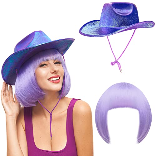 Watt's Wigs - Iridescent Cowgirl Hat with Matching 12” Neon Wig for Bachelorette or Space Cowboy Party - Shiny, Rigid Hat with String (Removable) and Bob Wig Combo Set - One Size Fits All