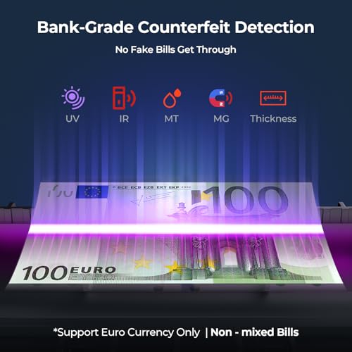 MUNBYN IMC51 Geldzählmaschine mit Einzelwährung,Wert der Währung kann nicht automatisch erkannt werden,Add+Batch Modus Geldscheinzähler,UV/MG/IR/MT-Erkennung, nur EUR-Geldzähler,1100 Blatt/min,Schwarz