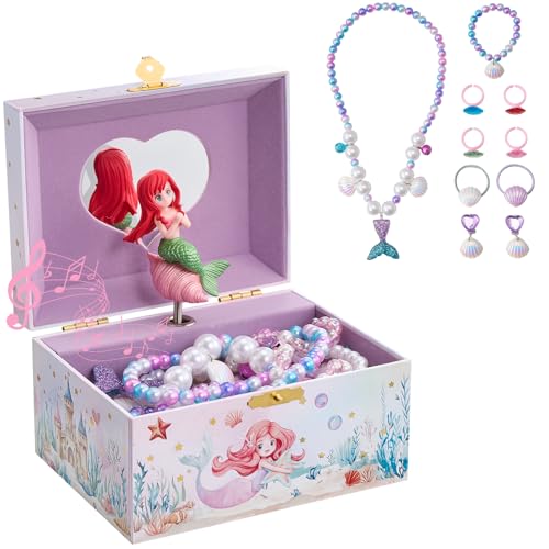 ProCase Kinder Musik Box Schmuckkästchen mit Spieluhr Mermaid, Schmuckschatulle mit Melodie für Mädchen (Mit Schmuckset)