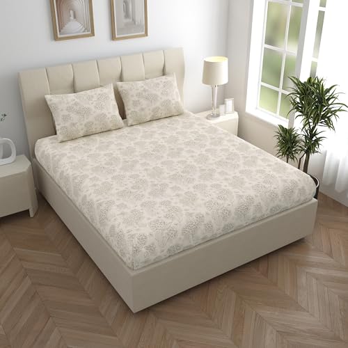 LINENWALAS 100% Cotton Fitted Bed Sheet for Single Size Bed, Printed All Around Elastic Bedsheet (36 x 78 Inches) with 1 Pillow Covers | 210 TC Soft, Breathable, Luxury Bedsheet (Beige Flowers)