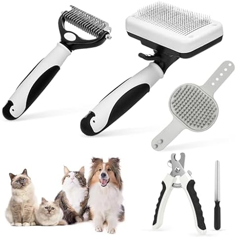Self-Cleaning Slicker Brush, 5PCS Dog Grooming Kit, Double Sided Undercoat Rake Shedding Comb Pet Hair Remover for Cats & Dogs, Pet Nail Clipper with Nail File, Dog Bath Brush (White, 5PCS) Cover