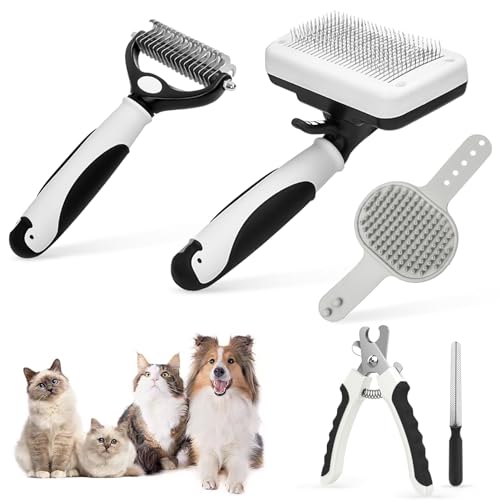 Self-Cleaning Slicker Brush, 5PCS Dog Grooming Kit, Double Sided Undercoat ...