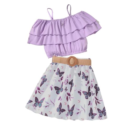 Image of Girl's 2 Pieces Outfits Spaghetti Purple Layered Crop Top and Butterfly Print Skirt Set with Belt 7-13 Years