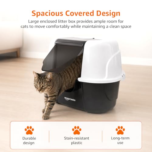 Image of Amazon Basics No-Mess Enclosed Cat Litter Box | Large Covered Litter Tray with Privacy Hood | Easy Clean Cat Washroom for Indoor Cats | White + Black | 44 X 50 X 60 cm