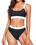 Tempt Me Women White Black Two Piece High Waisted Bikini Swimsuits with Bottoms Teen Scoop Neck Sport Bathing Suits XS