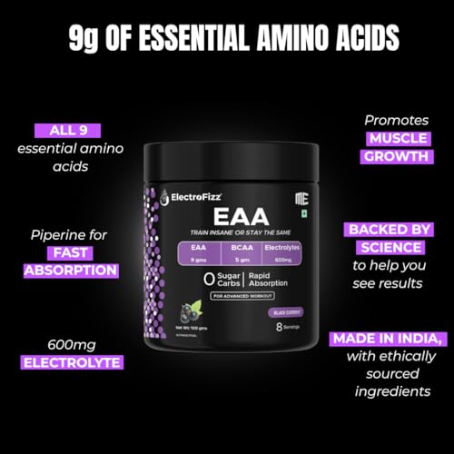Image of Advanced EAA Supplement For Men & Women With Hydration Blend & Vitamins | 9000 mg EAA intra workout Supplement With BCAA 5000Mg - 8 Servings,100 gms (Black currant)