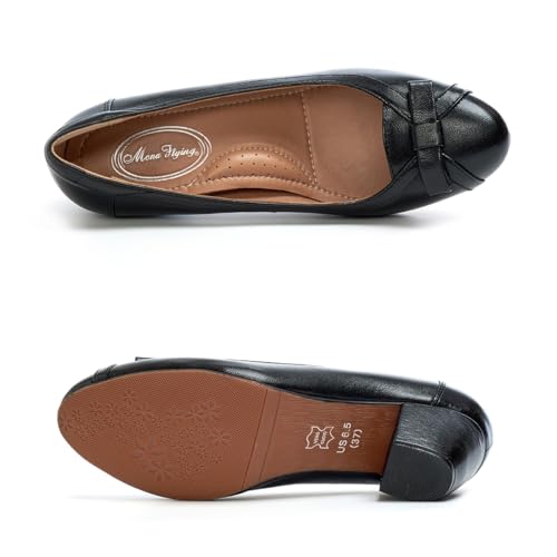 Mona flying Women's Leather 5 cm Pump Chunky Med Heel Round Toe Office Dress Shoes for Ladies4