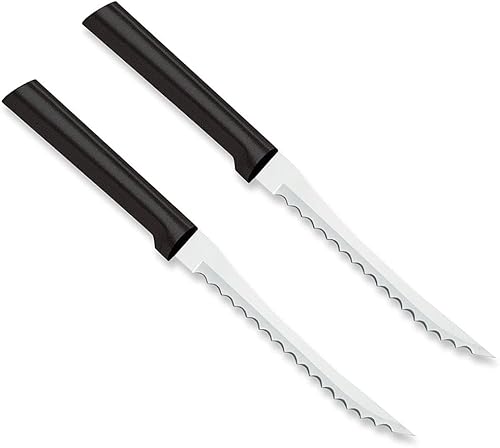 Rada Cuchillo rebanador de tomate (W226), hoja dentada de acero inoxidable de 5 pulgadas, hecha en Estados Unidos, mango negro, paquete de 2