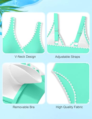 Image of KANGKANG Girls Swimsuit Bikini Set Solid Color V-Neck Two Piece Bathing Suit with Chest Pad Adjustable Straps Swimwear 7-16T