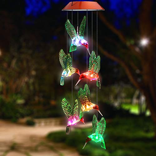 Topspeeder Color-Changing Led Solar Mobile Wind Chime Led Changing Light Color Waterproof Six Hummingbird Wind Chimes For Home Party Night Garden Decoration(Copper Board Hummingbird) #TOP3