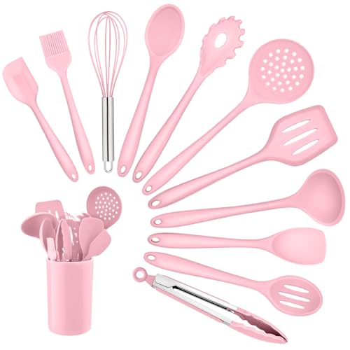 Homikit Silikon Küchenhelfer Set, 12 Stück Kochutensilien Kochgeschirr, Hitzebeständiger Rosa Kochbesteck Set mit Utensilienhalter, Gesund & Antihaft, Spülmaschinengeeignet