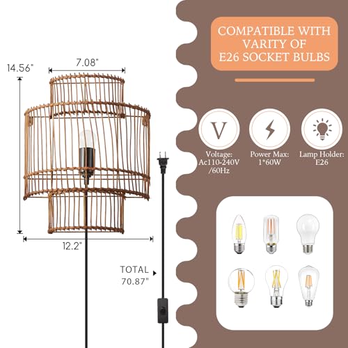Image of Farmhouse Rattan Wall Sconce, Plug-in Wall Lamp Black Finish with Boho Woven Wicker Shade for Vanity, Stairway, Fireplace, Bedside, Passway, Hallway, Living Room