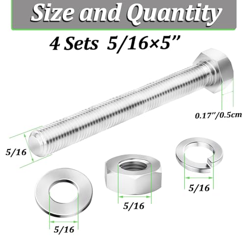 Image of 4 Sets 5 /16-18 x 5 inch Stainless Steel Hex Head Screws Bolts, Flat, Nuts & Lock Washers,Hex Bolts 18-8(304) Full Thread