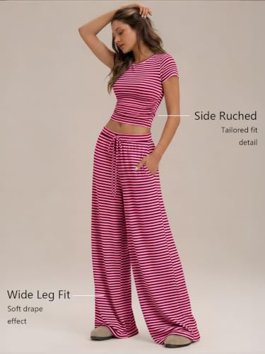Image of Trendy Queen 2 Piece Matching Summer Lounge Set Womens Side Ruching Top Wide Leg Pants Sets with Pockets