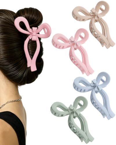 AWAYTR 4Pcs Extra Large Bow Claw Clips for Thick Hair, 5.1" Matte