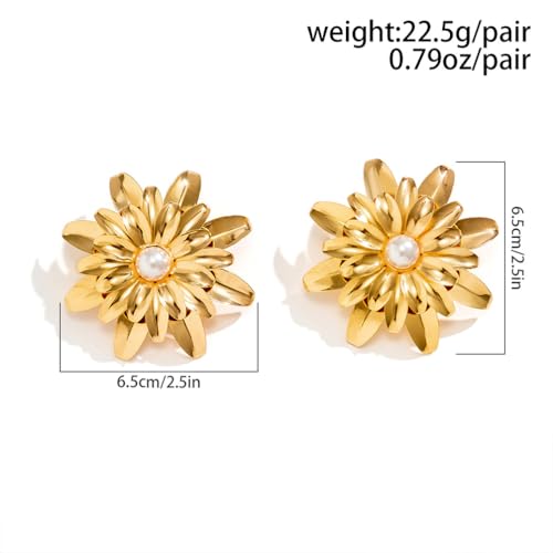 Vintage Gold Big Metal Flower Pearl Stud Earrings for Women Unique, Statement Exaggerated Large Floral Earring Silver Punk Bohemian Party Jewelry Gift2