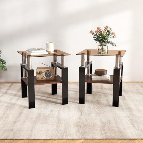 Image of Meihua Glass End Table, Square Glass Side Table, 2-Tier Modern Nightstand with Metal Legs for Living Room&Bedroom (Brown+Brown, Set of 2)