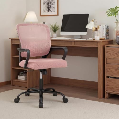 Image of DUMOS Home Office Chair, Ergonomic Lumbar Support Desk Chair | Mid Back Mesh, Height Adjustable Fixed Armrest, Rocking Mode 360 Swivel, Conference Computer, Pink