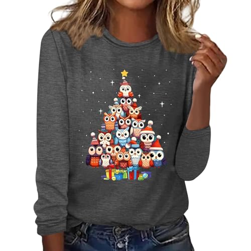 CGGMVCG Niedliche Weihnachtshemden für Damen, Eulen-Weihnachtsbaum-Druck, lässig, modisch, lockeres Weihnachtsoberteil für Damen, Übergröße,...