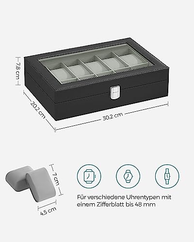 SONGMICS Uhrenbox mit 12 Fächern, Uhrenkasten, Glasdeckel, Uhrenkoffer mit herausnehmbaren Uhrenkissen, Premium-Uhrenschatulle, PU-Bezug in Schwarz, Samtfutter in Grüngrau JWB12BK