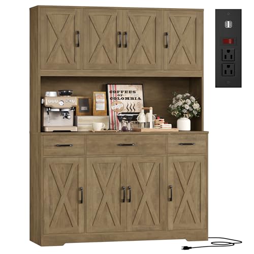 Image of HOSTACK 71 inch Tall Kitchen Pantry Storage Cabinet, 55 inch W Kitchen Hutch, Brown | Large Pantry Cabinet with Charging Station / Countertop / 3 Drawers, Farmhouse Hutch Cabinet with Storage for Dining Room