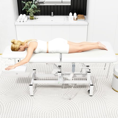 Image of Dolonm 2 Motors Electric Massage Table, Hydraulic Electric Lift Adjustable Waist and Height Lifting Functions for Treatment, Physical Therapy, Spinal Massage, Facial Spa, Waxing, Tattooing - White