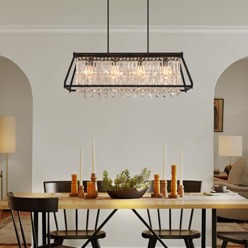 Image of LMQNINE Chandeliers for Dining Room, 4-Light Trapezoidal Industrial Dining Room Light Fixture Farmhouse Chandelier Crystal Pendant Lights Kitchen Island Living Room (Black 35.43 inch)