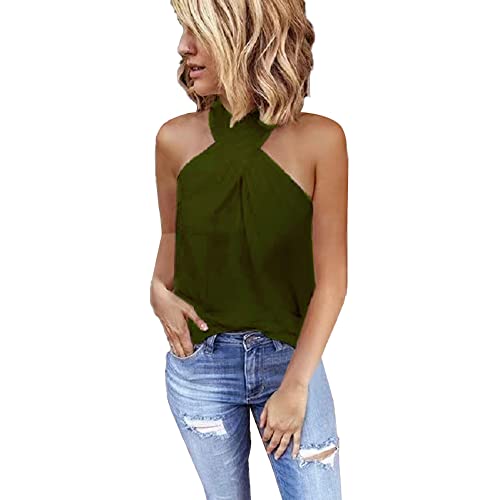MeeQee Camiseta sin Mangas para Mujer Sexy Ajustada de Informal Cremallera Cuello Halter Moda Suelto Comfy Blusas Sin Mangas y Tops para Fiesta Club