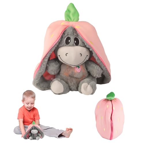 Lixstyea Atmendes Kuscheltier Esel - Schlummer Kuscheltier Erdbeeresel Atmender Esel mit Musik und Atembewegung Stofftier Atmet Einschlafhilfe Tier Kinder Spielzeug Baby Spielzeug