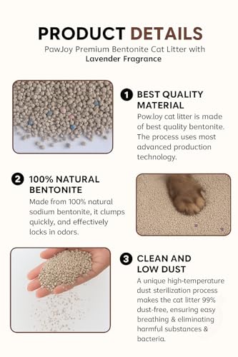 Image of Pawjoy Lavender Scented Bentonite Cat Litter 2kg Travel Pack | 100% Natural Clumping Clay | 99.9% Dust-Free | Odour Lock Technology | Gentle on Paws | Scoopable Litter Sand for All Cat Breeds