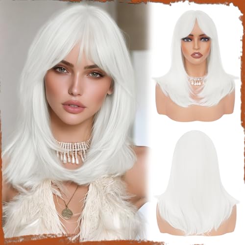 Sofeiyan Perruque Longue et Droite avec Frange,40 cm Blanc Perruque Femme Naturelle Cheveux Synthétiques pour les Trajets Quotidiens, Fêtes, festival et...
