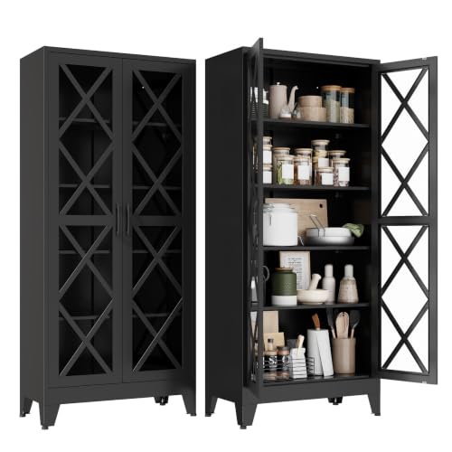 Image of Metal Storage Cabinet with Glass Doors and Adjustable Shelves | 71 inch Tall Pantry Cabinet for Kitchen Dining Room Bathroom Garage,Black,1 Pce