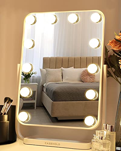EASEHOLD Espejo de tocador grande con 12 luces de bombilla brillante, espejo de maquillaje iluminado Hollywood con LED regulables iluminación de 3 colores para sala de vestir, dormitorio, mesa Cover