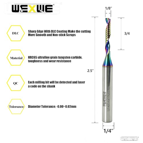 Image of Tools Solid Carbide CNC Spiral Single Flute End Mill - for Acrylic Plate Aluminum, Wood, Plastic, Brass, Copper Cutting - 1 /8 Diameter 1 /4 inch Shank 2.5 inch Length,1 Flute (1 /8-3 /4-2.5 1 /4 2PCS)