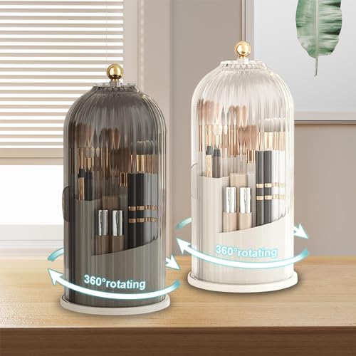 Sliding Opening Cosmetic Make-Up Organiser, 360 Rotating Make Up Brush Holder Storage with Clear Dustproof Lid, Makeup Brushes Holder Organizers,Make-Up Brush Container Case for Dressing Table,Vanity - Image 2